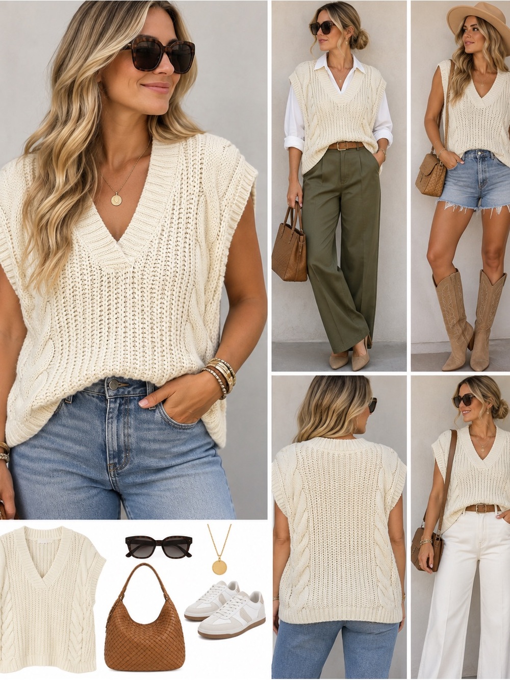 Adyson Parker Cream Cable-Knit V-Neck Sweater Vest